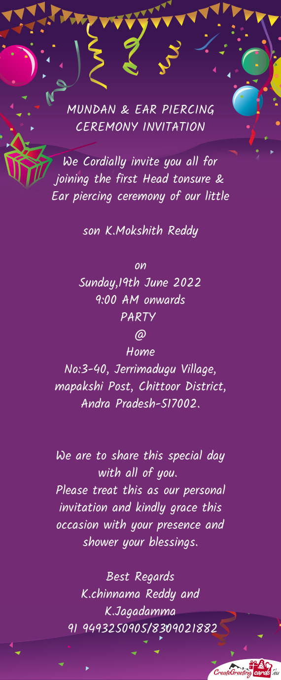 No:3-40, Jerrimadugu Village, mapakshi Post, Chittoor District, Andra Pradesh-517002