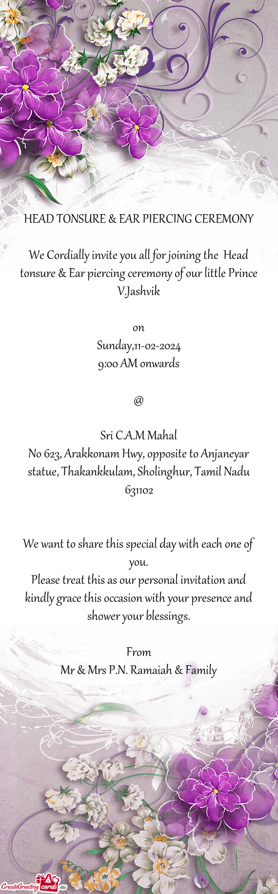No 623, Arakkonam Hwy, opposite to Anjaneyar statue, Thakankkulam, Sholinghur, Tamil Nadu 631102