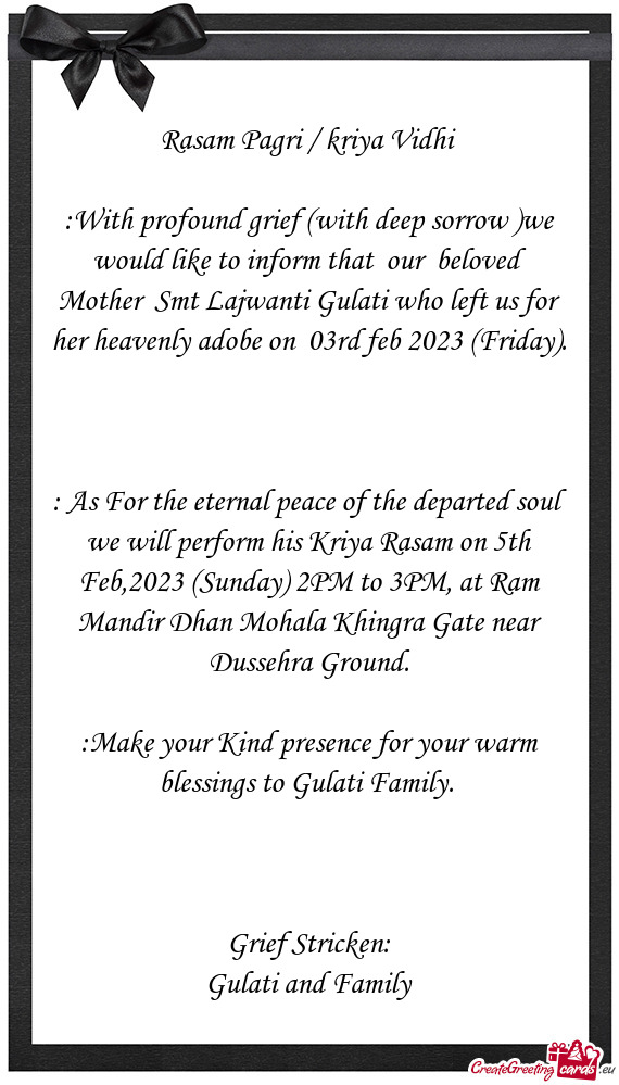 Nti Gulati who left us for her heavenly adobe on 03rd feb 2023 (Friday)