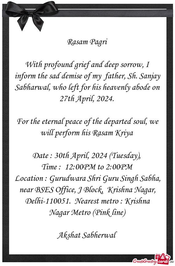 O left for his heavenly abode on 27th April, 2024