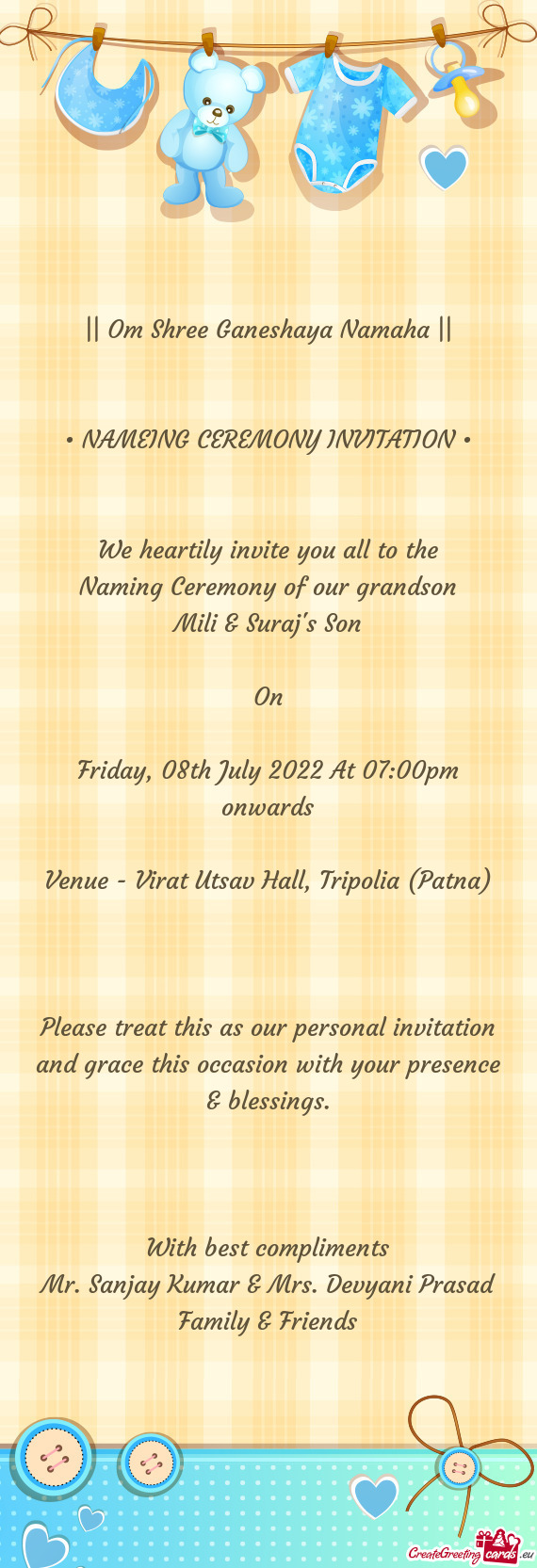 NAMEING CEREMONY INVITATION • - Free cards