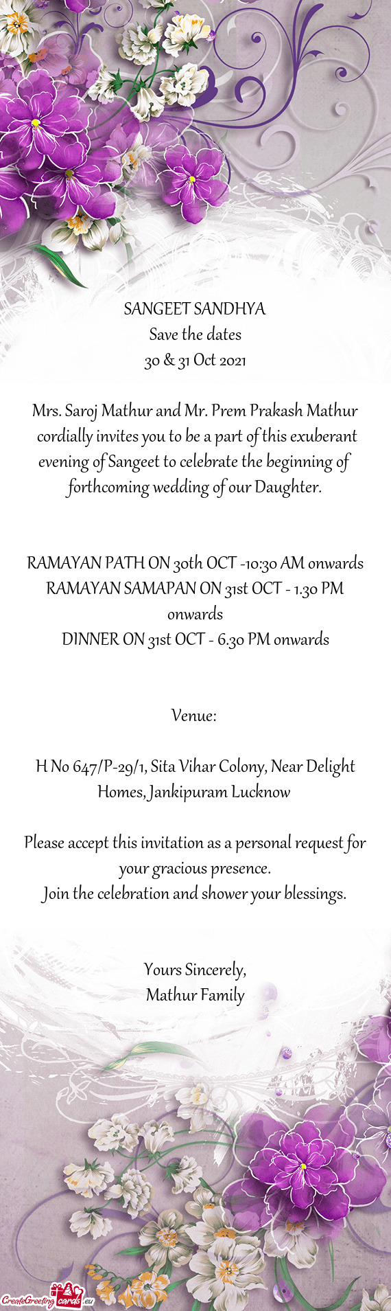 Of forthcoming wedding of our Daughter