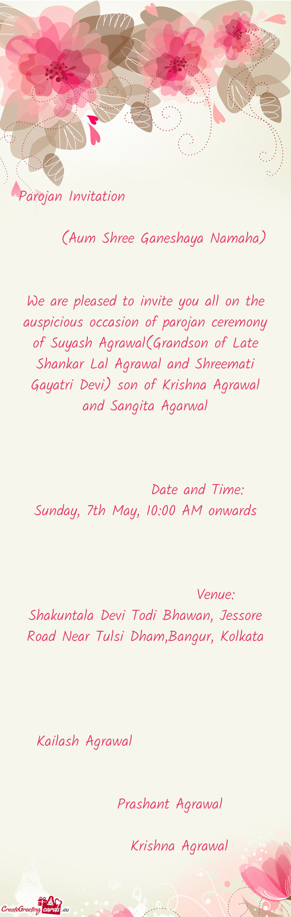 Of parojan ceremony of Suyash Agrawal(Grandson of Late Shankar Lal Agrawal and Shreemati Gayatri Dev