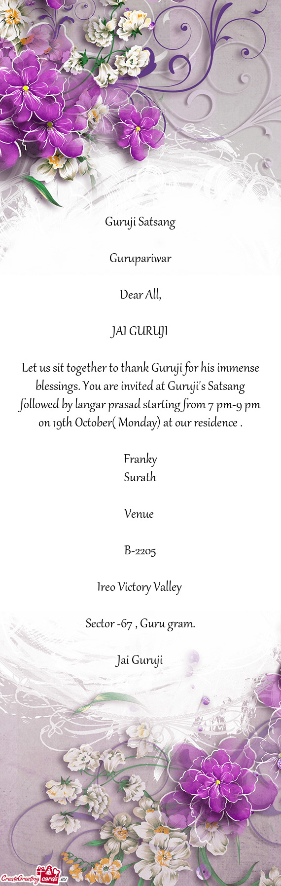 Ollowed by langar prasad starting from 7 pm-9 pm on 19th October( Monday) at our residence