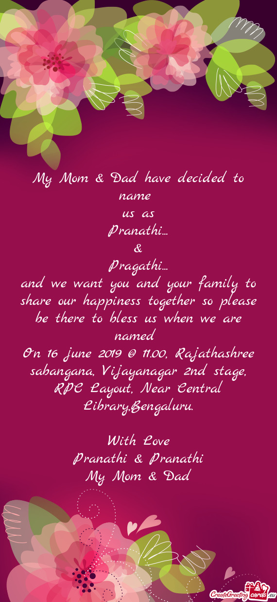 On 16 june 2019 @ 11.00, Rajathashree sabangana, Vijayanagar 2nd stage, RPC Layout, Near Central Lib