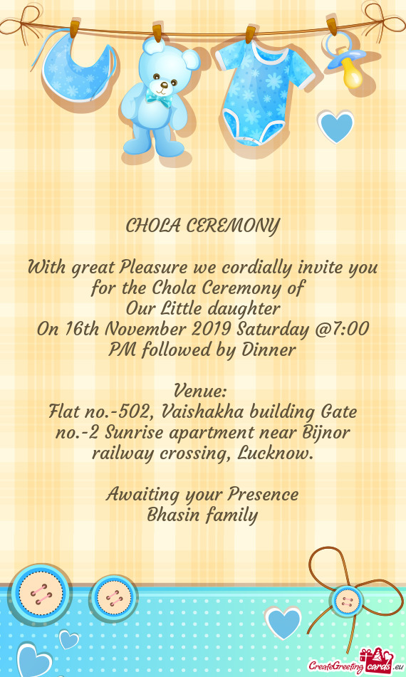 On 16th November 2019 Saturday @7:00 PM followed by Dinner