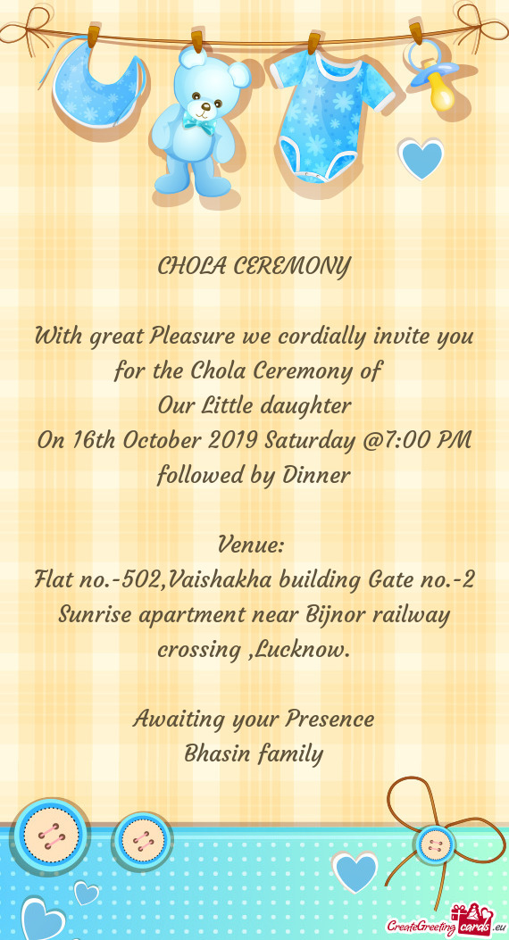 On 16th October 2019 Saturday @7:00 PM followed by Dinner