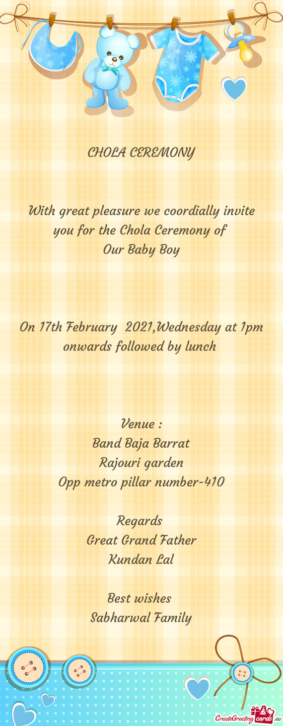 On 17th February 2021,Wednesday at 1pm onwards followed by lunch