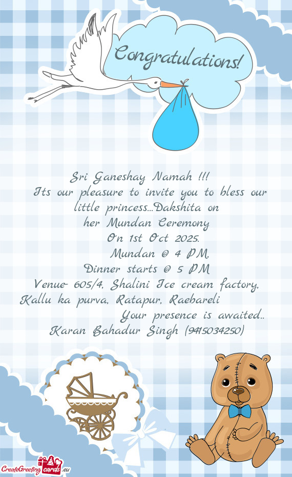 On 1st Oct 2025.      Mundan @ 4 PM,   Dinner starts @ 5 PM