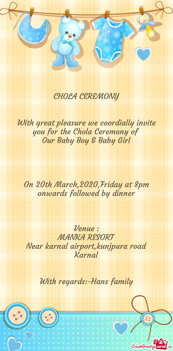 On 20th March,2020,Friday at 8pm onwards followed by dinner