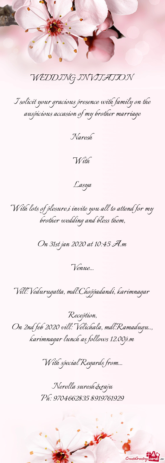 On 2nd feb 2020 vill: Velichala, mdl:Ramadugu.., karimnagar lunch as follows 12.00p.m