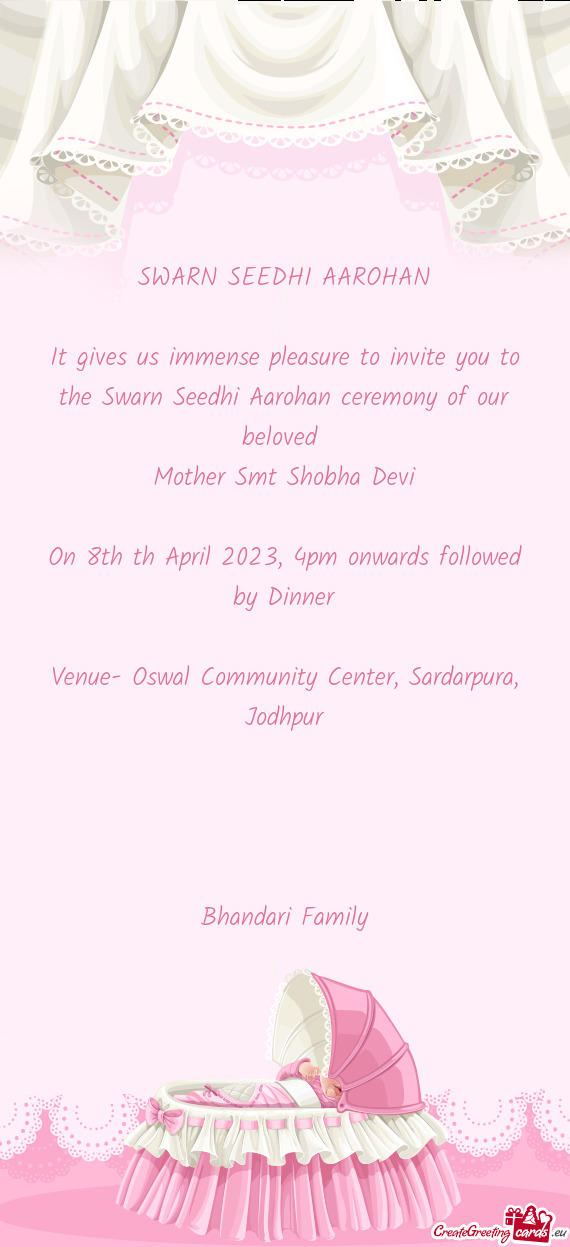 On 8th th April 2023, 4pm onwards followed by Dinner