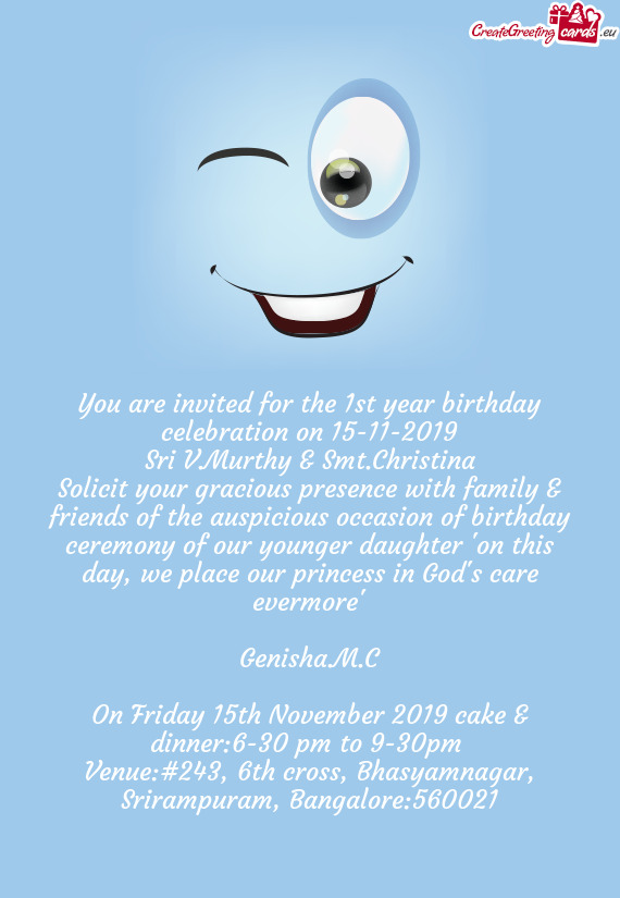 On Friday 15th November 2019 cake & dinner:6-30 pm to 9-30pm