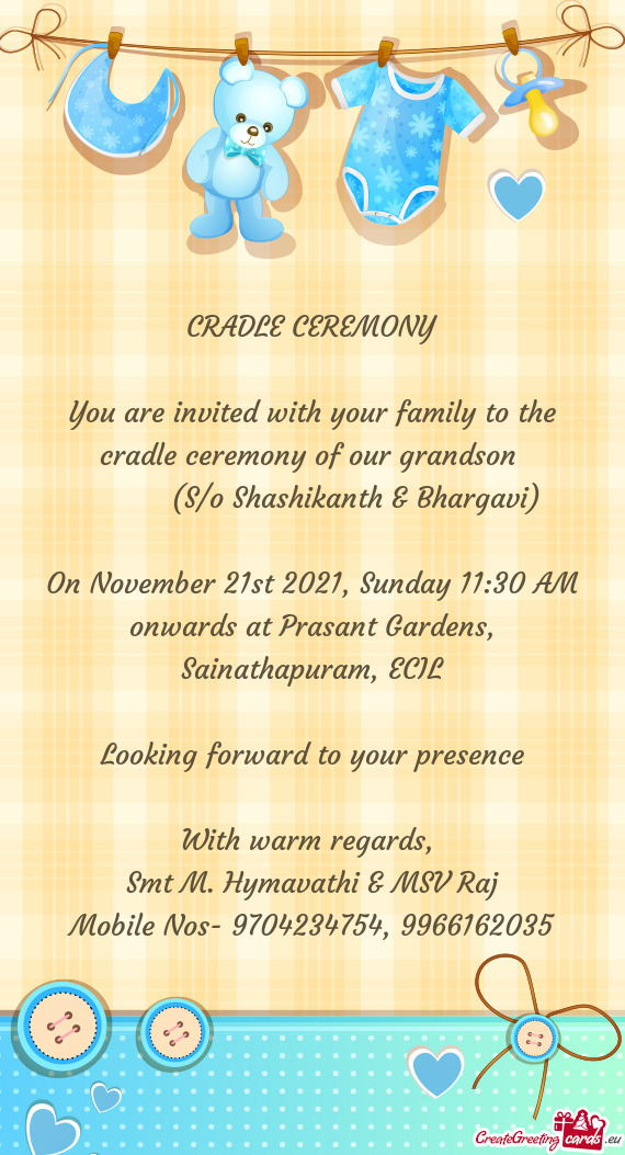 On November 21st 2021, Sunday 11:30 AM onwards at Prasant Gardens, Sainathapuram, ECIL