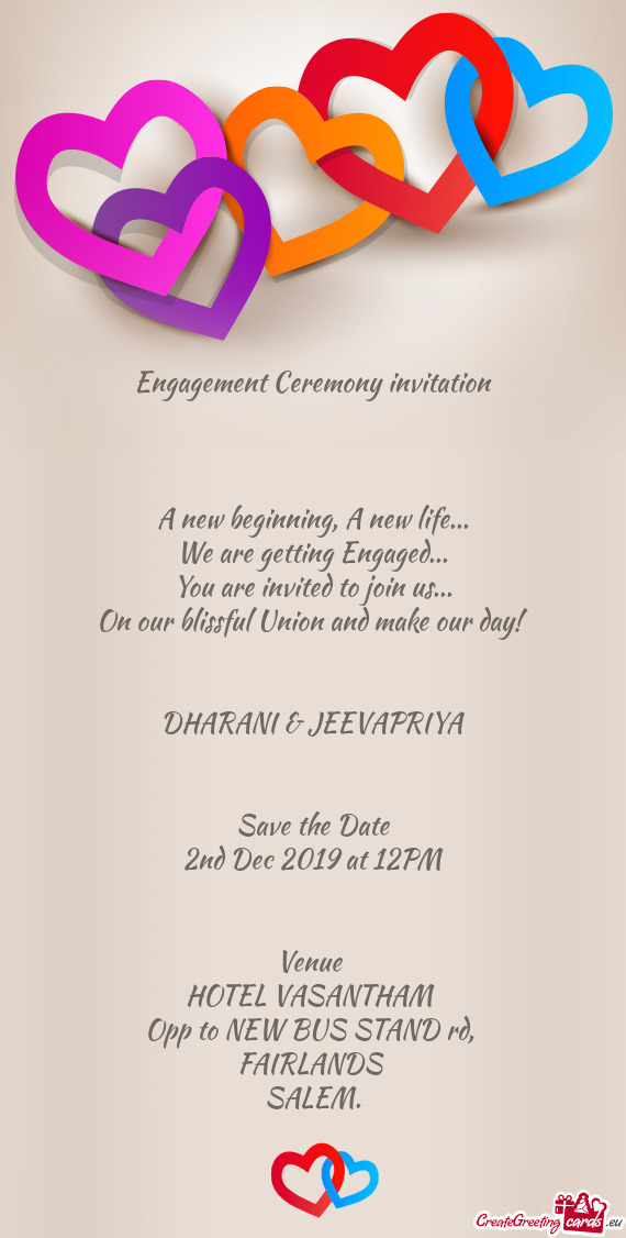 On our blissful Union and make our day! 
 
 
 DHARANI & JEEVAPRIYA
 
 
 Save the Date
 2nd Dec 201