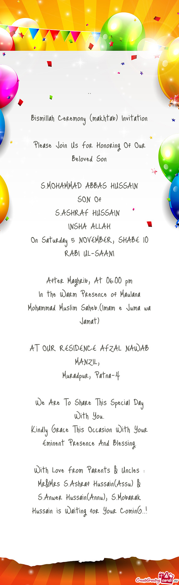 On Saturday 5 NOVEMBER, SHABE 10 RABI UL-SAANI