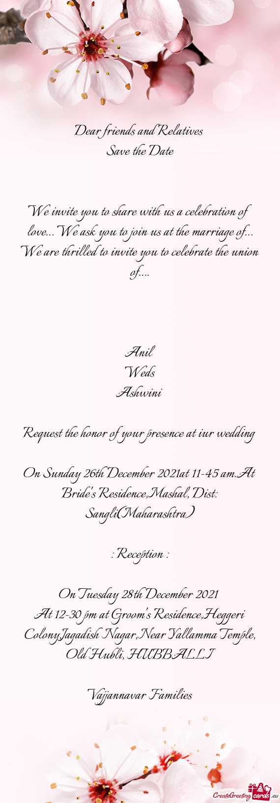 On Sunday 26th December 2021at 11-45 am.At Bride