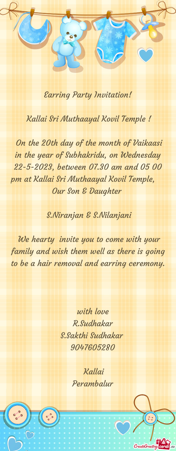 On the 20th day of the month of Vaikaasi in the year of Subhakridu, on Wednesday 22-5-2023, between
