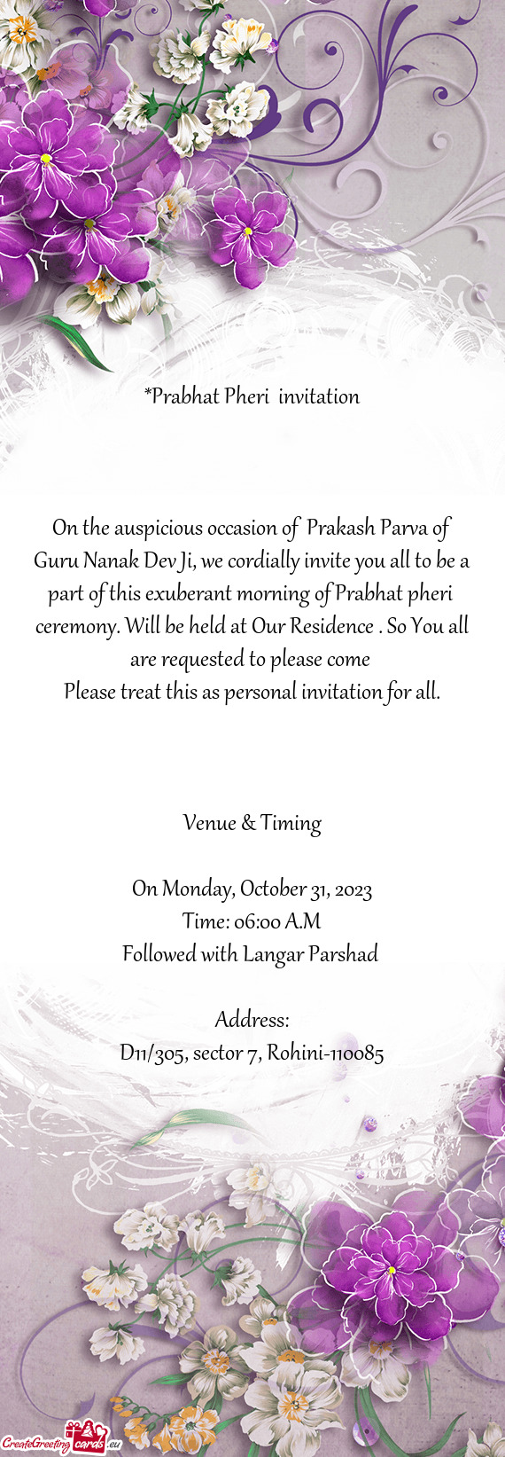 On the auspicious occasion of Prakash Parva of Guru Nanak Dev Ji, we cordially invite you all to be