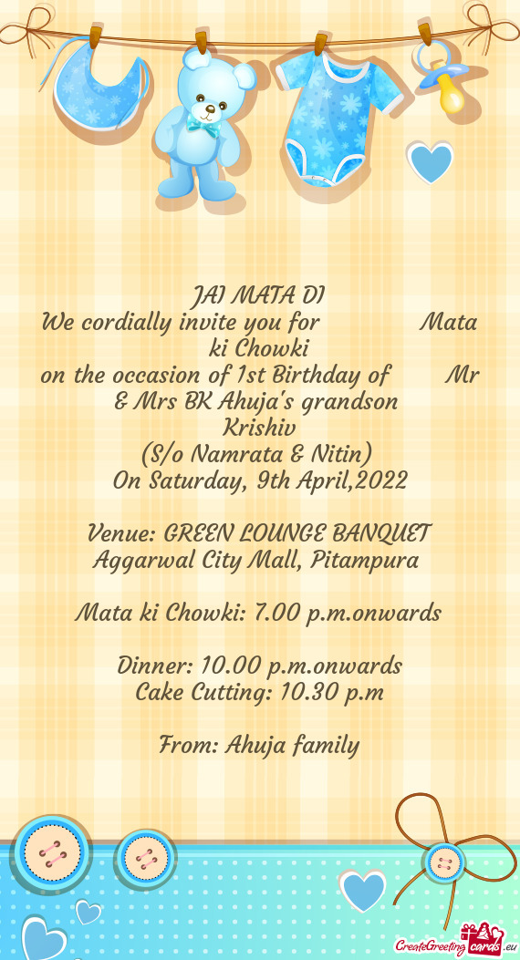 On the occasion of 1st Birthday of  Mr & Mrs BK Ahuja