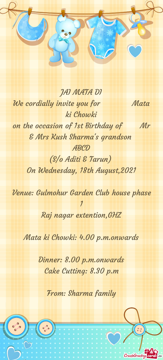 On the occasion of 1st Birthday of  Mr & Mrs Kush Sharma