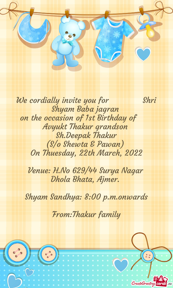 On the occasion of 1st Birthday of  Avyukt Thakur grandson