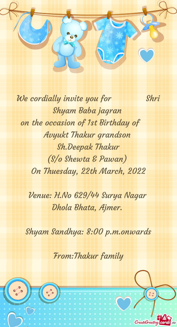 On the occasion of 1st Birthday of  Avyukt Thakur grandson
