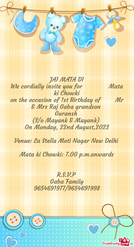 On the occasion of 1st Birthday of  Mr & Mrs Raj Gaba grandson