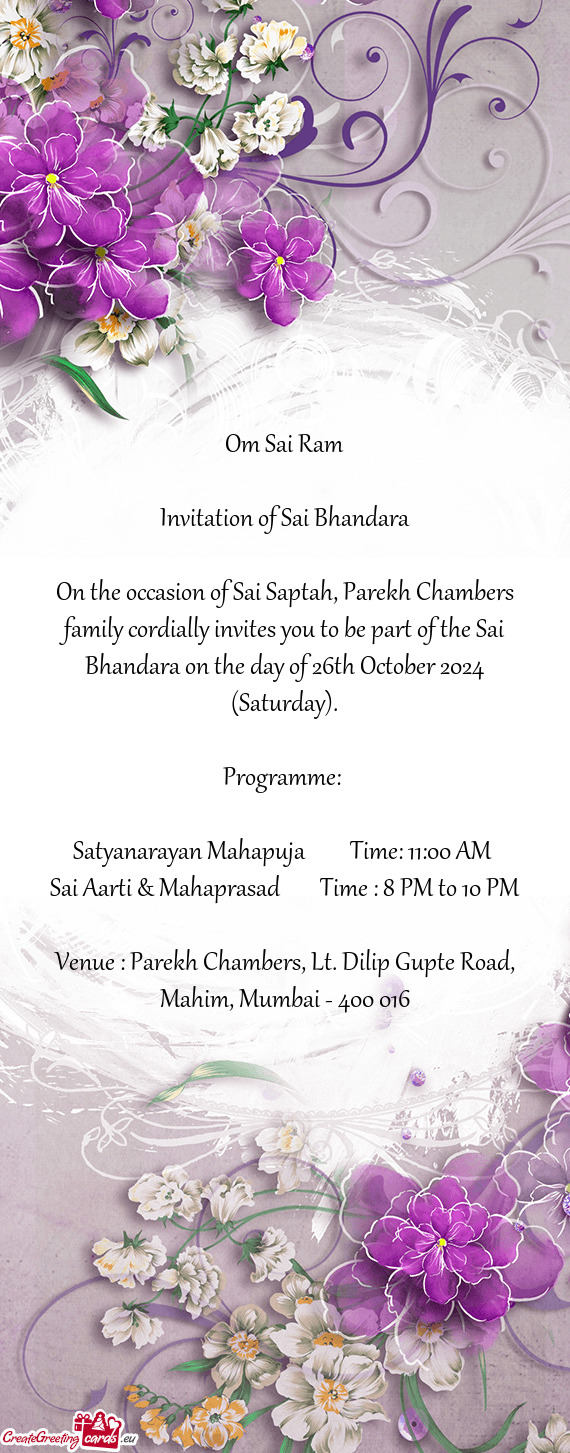 On the occasion of Sai Saptah, Parekh Chambers family cordially invites you to be part of the Sai Bh