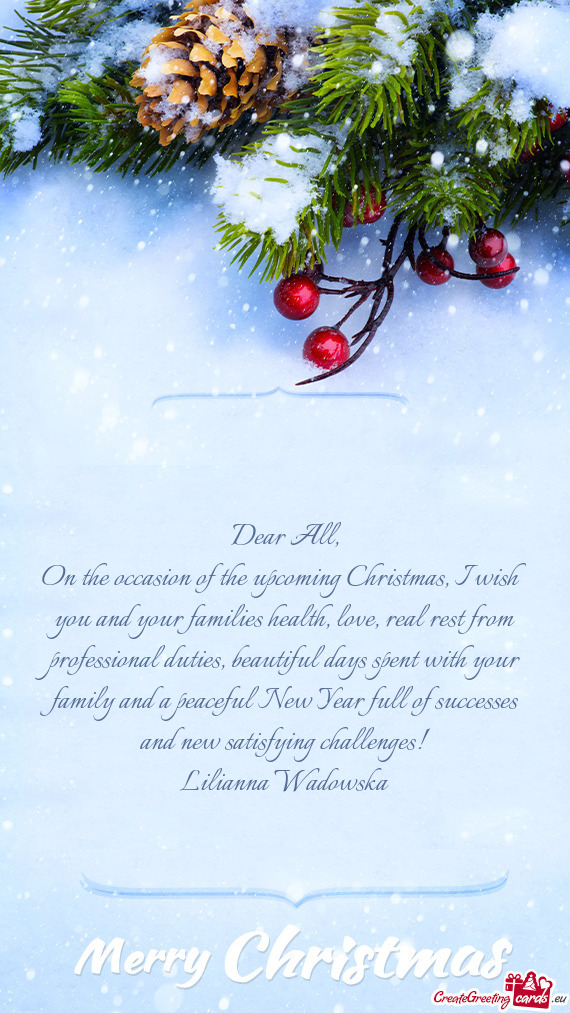 On the occasion of the upcoming Christmas, I wish you and your families health, love, real rest from