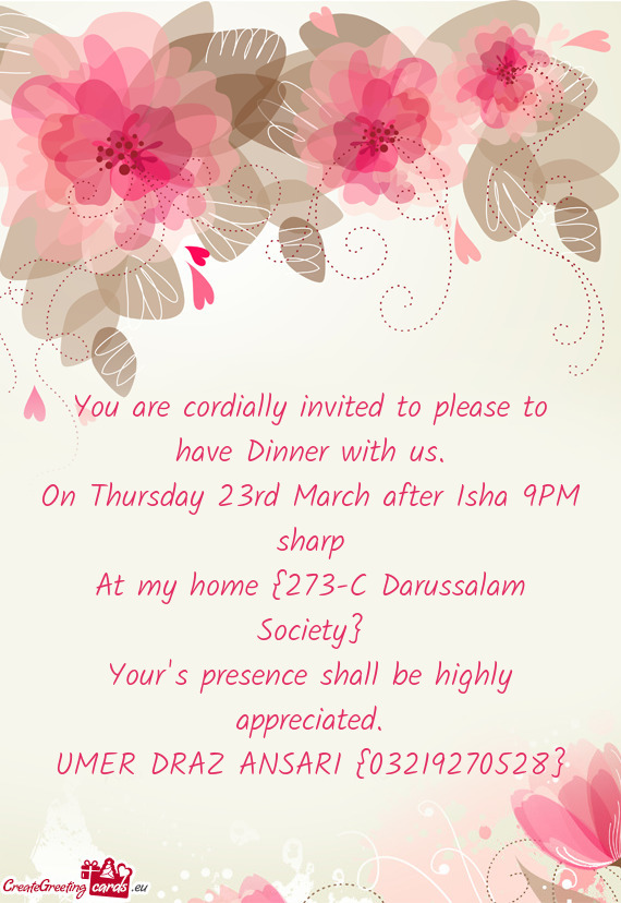 On Thursday 23rd March after Isha 9PM sharp
