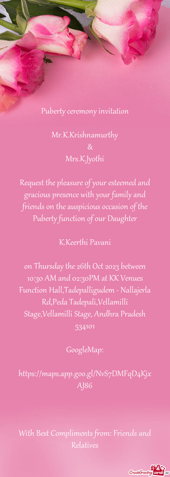 On Thursday the 26th Oct 2023 between 10:30 AM and 02:30PM at KK Venues Function Hall,Tadepalligudem