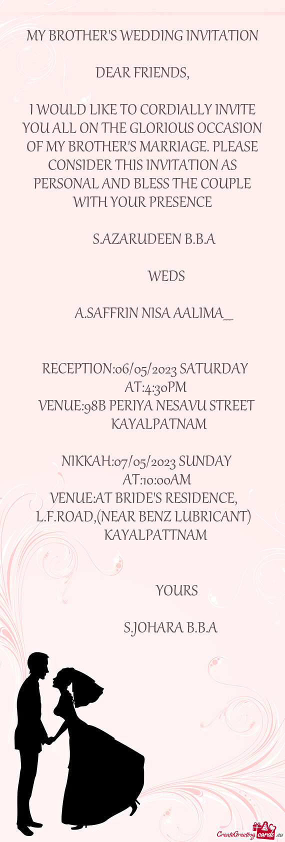 ONSIDER THIS INVITATION AS PERSONAL AND BLESS THE COUPLE WITH YOUR PRESENCE