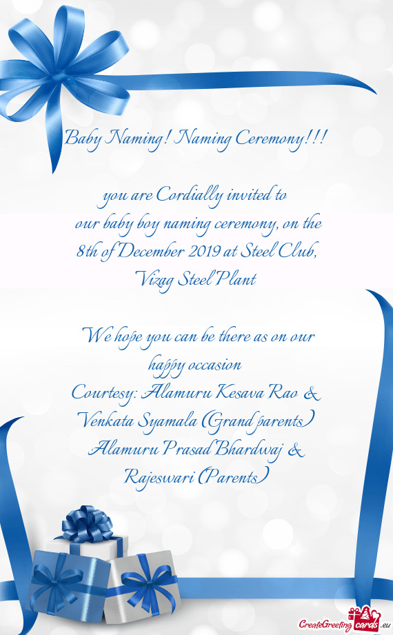 Our baby boy naming ceremony, on the 8th of December 2019 at Steel Club, Vizag Steel Plant