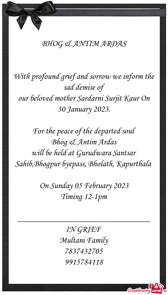 Our beloved mother Sardarni Surjit Kaur On 30 January 2023