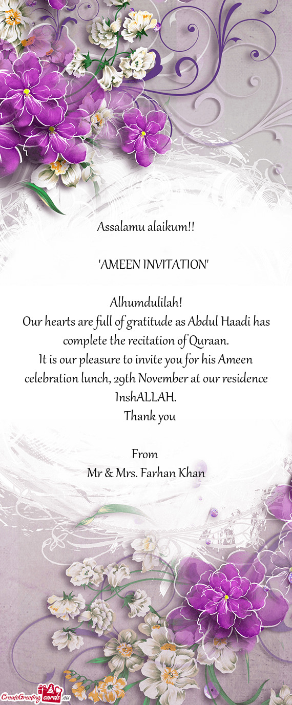 Our hearts are full of gratitude as Abdul Haadi has complete the recitation of Quraan