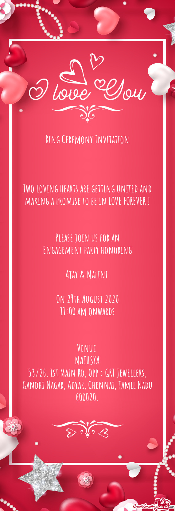 OVE FOREVER !  Please join us for an Engagement party honoring Ajay & Malini  On 29th Aug
