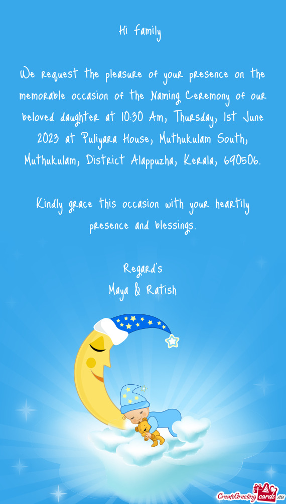 Oved daughter at 10:30 Am, Thursday, 1st June 2023 at Puliyara House, Muthukulam South, Muthukulam