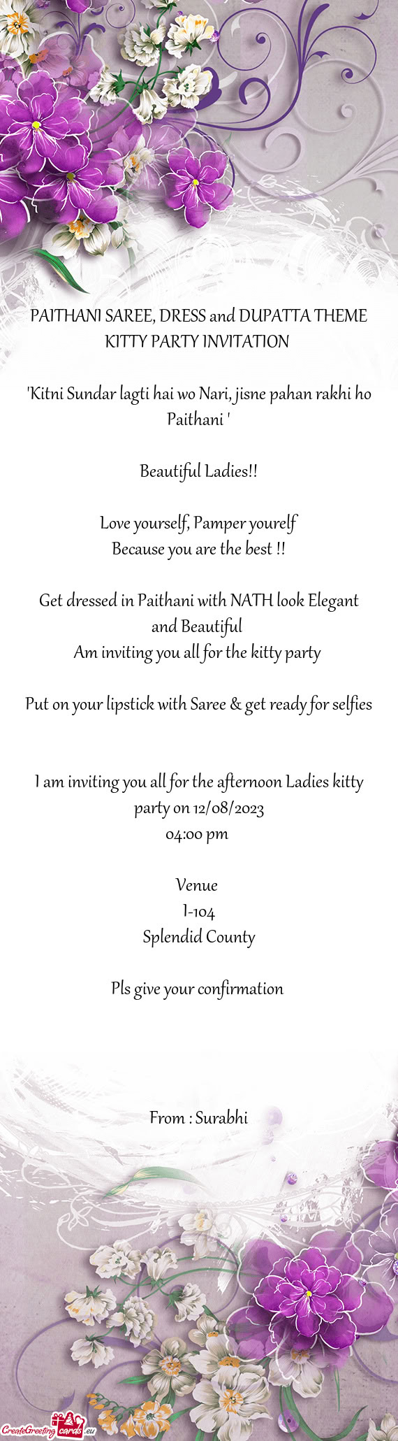 PAITHANI SAREE, DRESS and DUPATTA THEME KITTY PARTY INVITATION