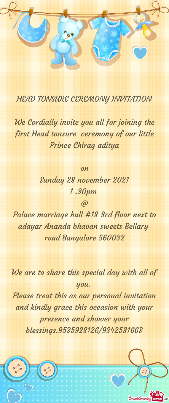 Palace marriage hall #18 3rd floor next to adayar Ananda bhavan sweets Bellary road Bangalore 56003