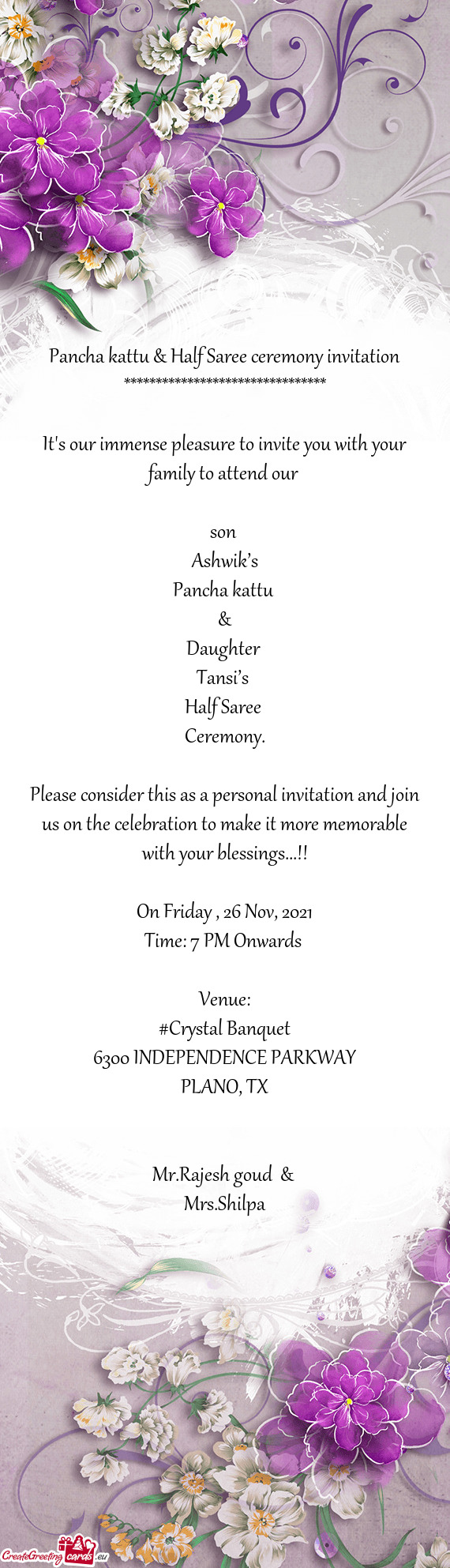 Pancha kattu & Half Saree ceremony invitation