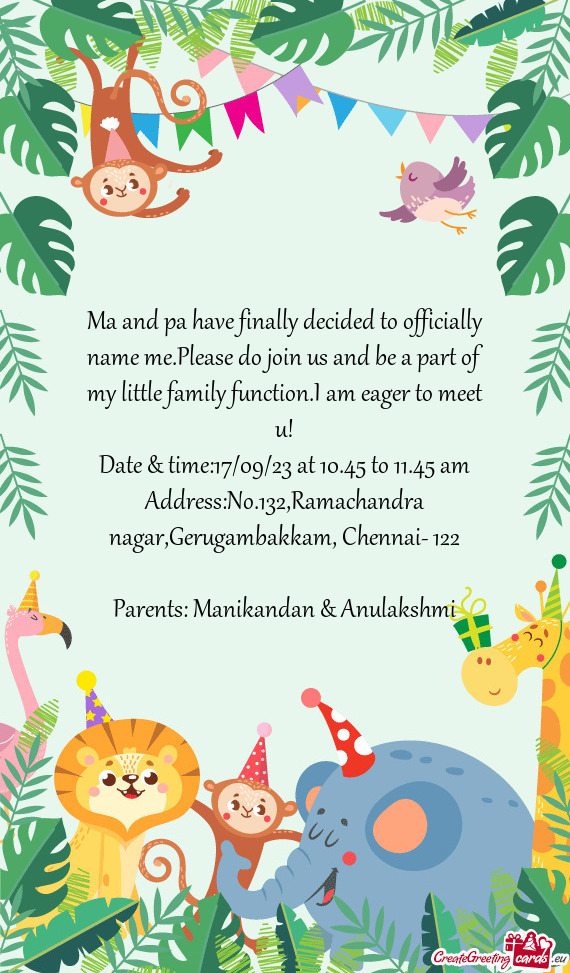 Parents: Manikandan & Anulakshmi