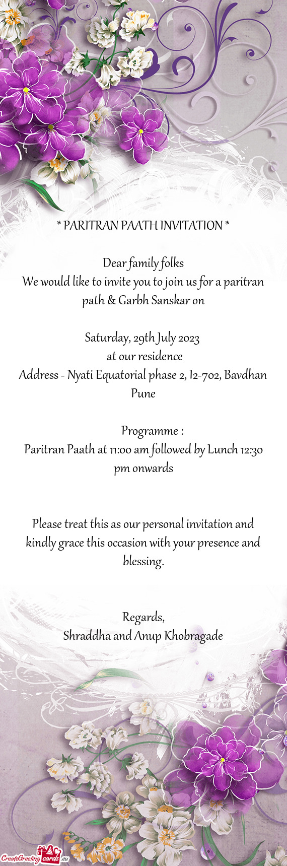 Paritran Paath at 11:00 am followed by Lunch 12:30 pm onwards