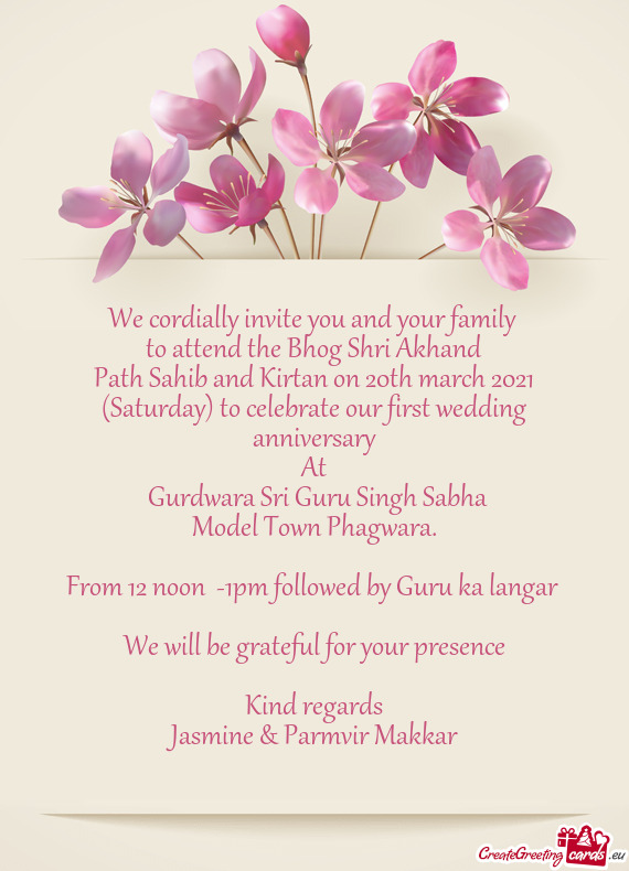 Path Sahib and Kirtan on 20th march 2021 (Saturday) to celebrate our first wedding anniversary