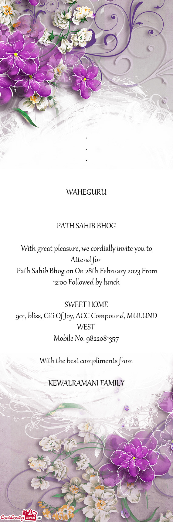 Path Sahib Bhog on On 28th February 2023 From 12:00 Followed by lunch