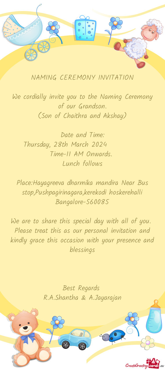 Place:Hayagreeva dharmika mandira Near Bus stop,Pushpagirinagara,kerekodi hoskerehalli Bangalore-560