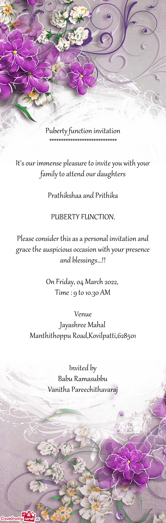 Please consider this as a personal invitation and grace the auspicious occasion with your presence a