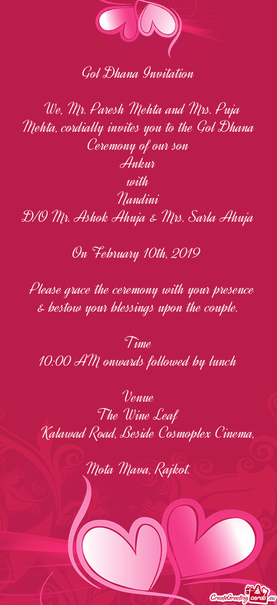Please grace the ceremony with your presence & bestow your blessings upon the couple