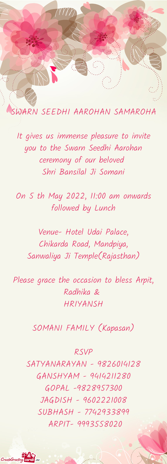 Please grace the occasion to bless Arpit, Radhika &