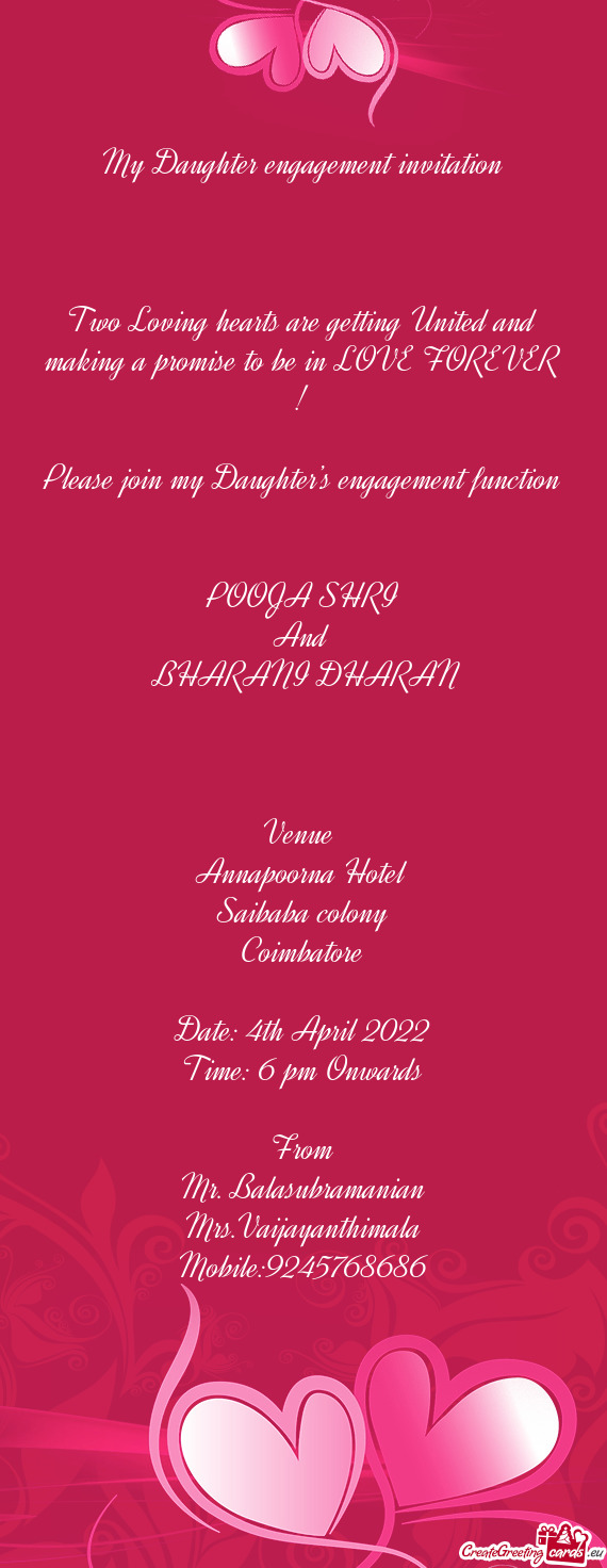 Please join my Daughter’s engagement function